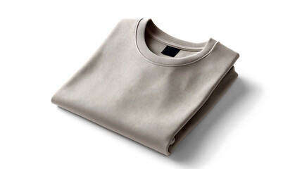 Folded neutral-toned cotton T-shirt with blank label, isolated on a white background — ideal for fashion mockups or minimalist product design.