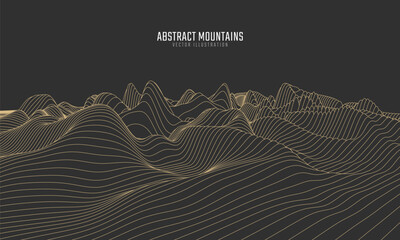 Contour mountain landscape. Waved line art. Abstract minimal topographic map. Contour lines with elevations and terrain depth. Vector illustration.