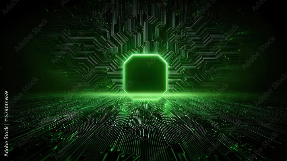 Poster futuristic green technology background with glowing circuit board patterns and digital data streams