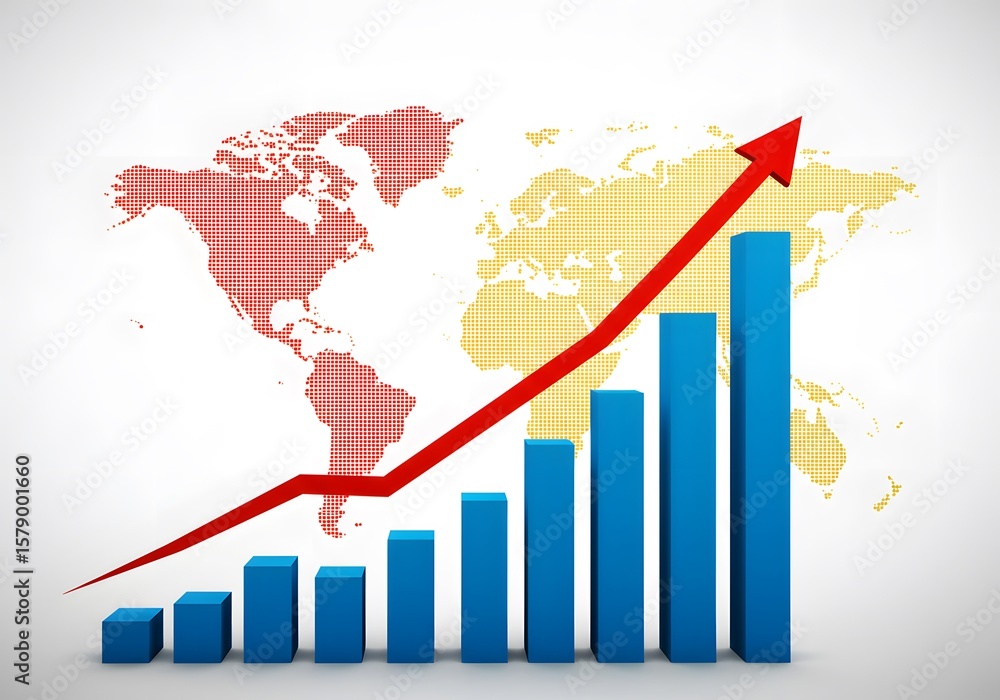 Poster a blue bar graph with a red arrow showing upward trend against a world map background image art