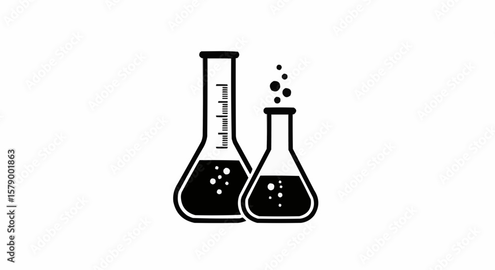 Poster illustration of two laboratory flasks one with measurement markings and the other with bubbles insid
