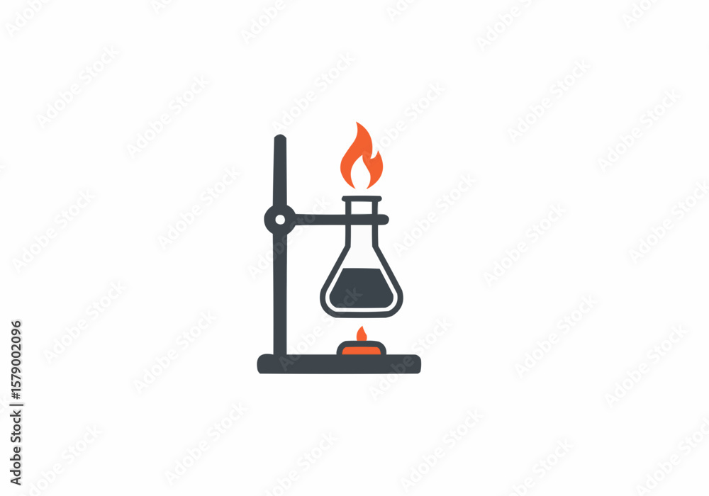 Poster illustration of a flask with liquid on a stand being heated by a flame in a science experiment setup