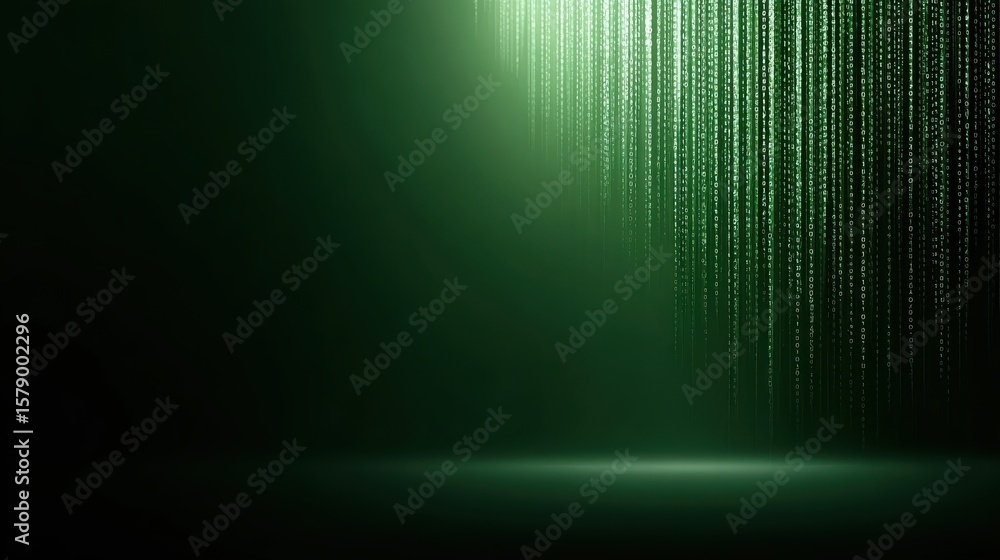 Poster minimalist green technology background with gradient light and binary code overlay, clean and modern