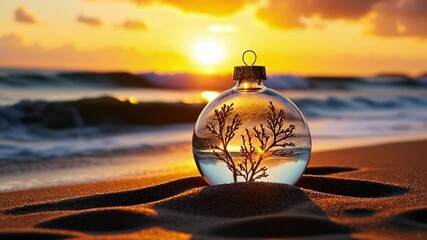 A glass Christmas ornament resting on the sandy beach at sunset with gentle waves lapping in the background, copy space on a side - Powered by Adobe