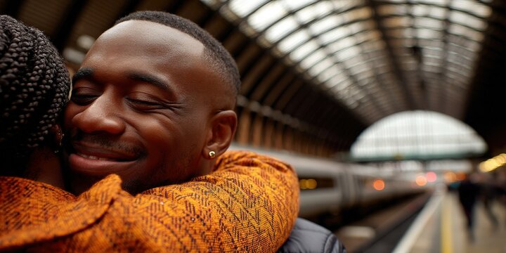 Happy man hugging friend at Railway Station in England - Powered by Adobe