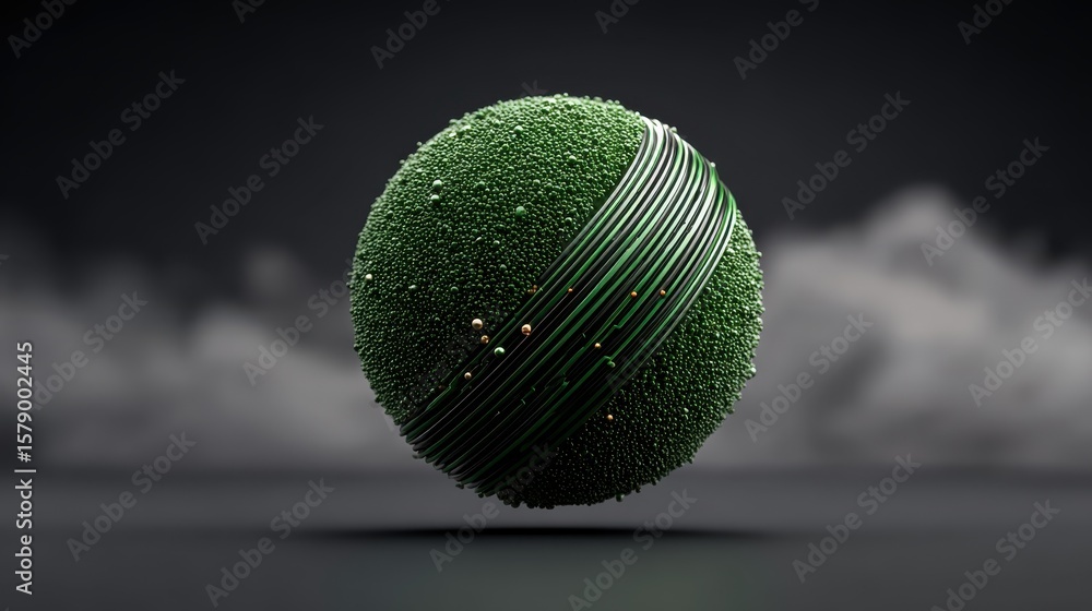 Poster abstract 3d render of a green circuit globe floating in dark tech space, global technology concept