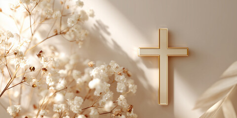 minimal soft background with white flowers and cross — ideal for Christian-themed designs, Easter or funeral announcements, sympathy cards, memorial visuals, or spiritual blog headers