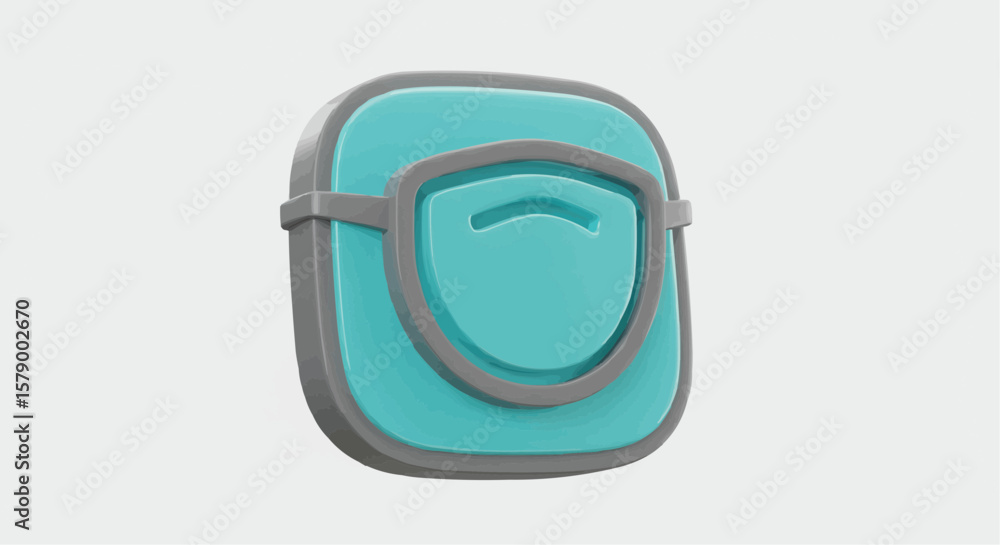 Poster illustration of a teal and gray square icon with a shield design on a white background space for tex