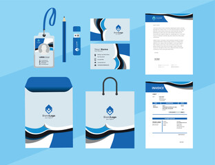 Corporate Brand Identity Mockup set with digital elements. Classic full stationery template design. Editable vector illustration: Business card, Bag, Id card, envelope, cup, letterhead, pen etc.