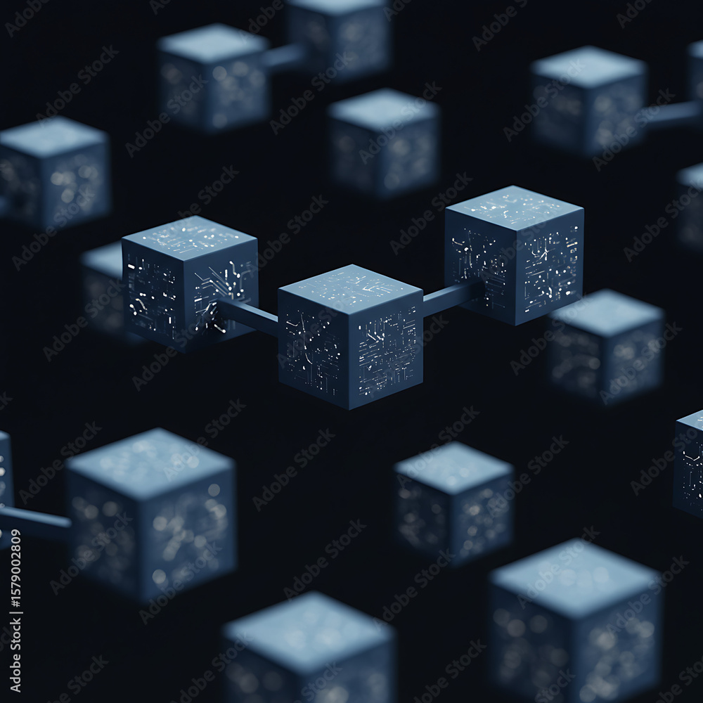 Poster interconnected glowing blue cubes floating in a dark space, symbolizing blockchain technology, netwo