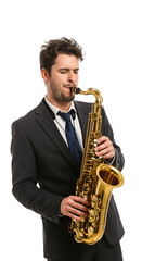 Naklejka premium Isolated PNG of Man Playing Golden Saxophone Performing Jazz Music