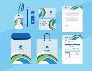 Corporate Brand Identity Mockup set with digital elements. Classic full stationery template design. Editable vector illustration: Business card, Bag, Id card, envelope, cup, letterhead, pen etc.