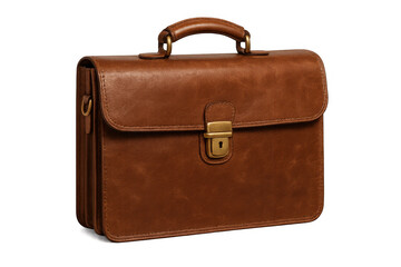 Classic brown leather briefcase with brass details, perfect for business professionals, isolated on a transparent background