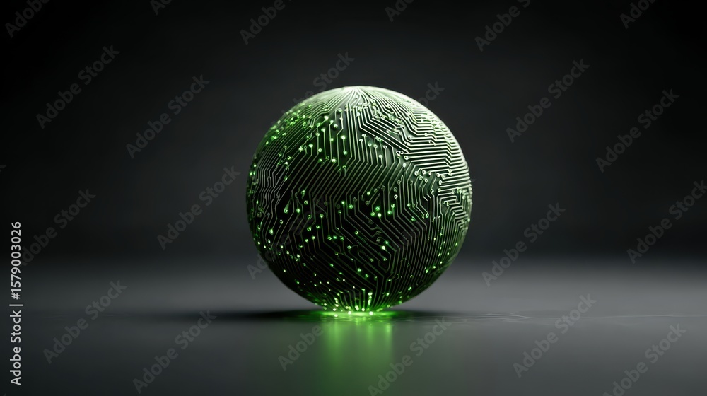 Poster abstract 3d render of a green circuit globe floating in dark tech space, global technology concept