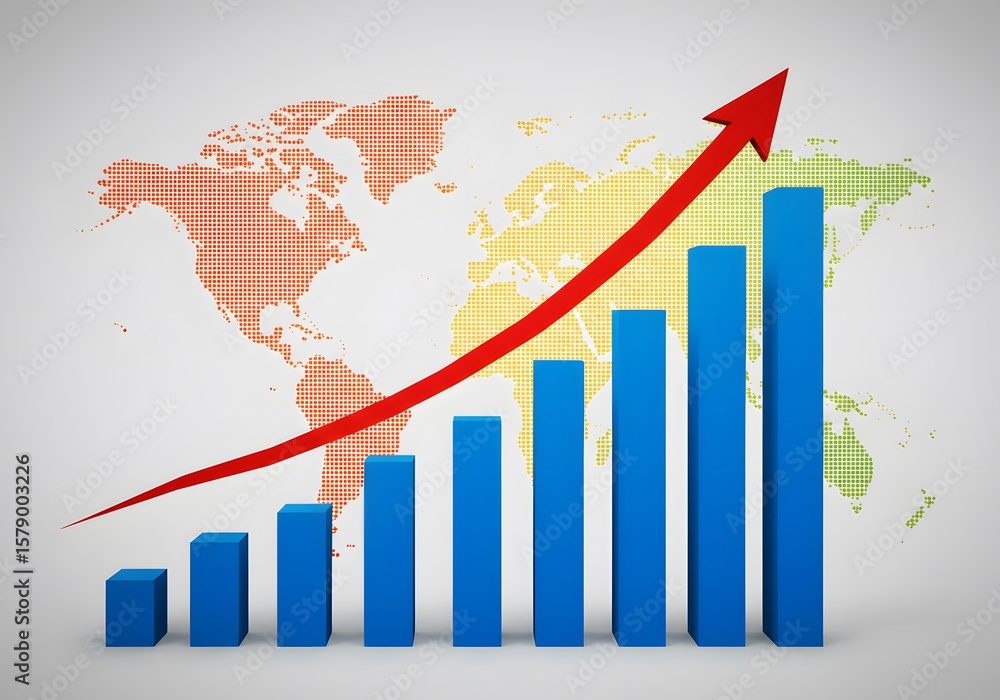 Poster blue bar graph with a red arrow pointing upward against a world map background illustration