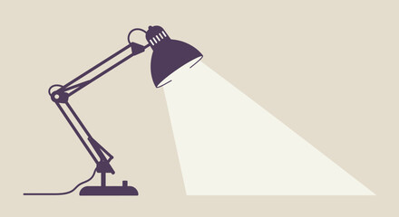 A desk lamp illuminates a workspace, casting a bright light for reading, studying, or working on creative projects