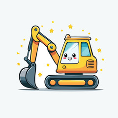 Minimal Flat Vector of Cute Excavator with Bold Black Outline and Happy Expression, No Gradient