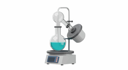 Illustration of a rotary evaporator with a round bottom flask containing blue liquid on a white background