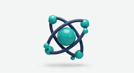 Illustration of a teal atom with blue orbits and teal electrons on a white background scene view
