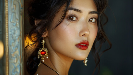 a portrait image of asian model, focus on neck and ear wearing luxury jewelry, bright atmosphere, real skin texture