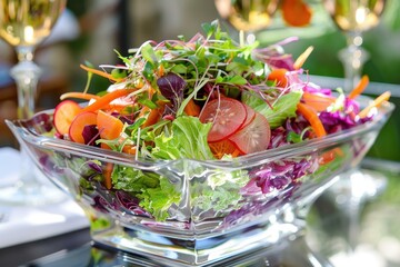 Colorful mixed salad with microgreens served in a crystal bowl, embodying healthy dining