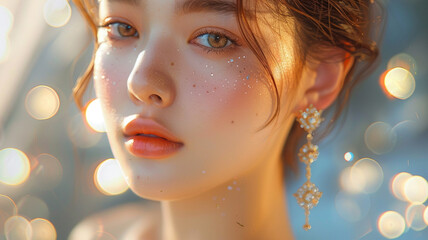 a portrait image of a little chubby asian model, focus on neck and ear wearing luxury jewelry, bright atmosphere, real skin texture