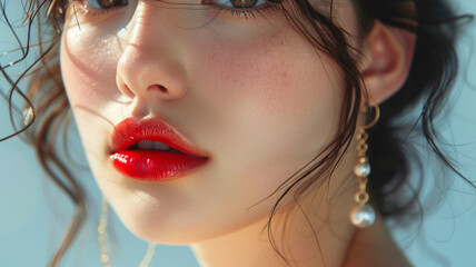 a portrait image of asian model, focus on neck and ear wearing luxury jewelry, bright atmosphere, real skin texture