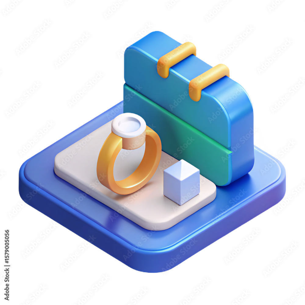 Poster isometric golden ring with white gem 3d icon on a blue platform with a matching box and transparent 