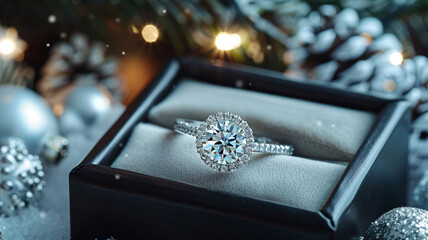 a three carat diamond ring and diamond tennis necklace in a black jewelry boxes with a snowy background with a romantic setting for the winter holiday gifting season