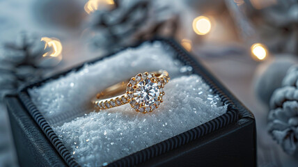 a three carat diamond ring and diamond tennis necklace in a black jewelry boxes with a snowy background with a romantic setting for the winter holiday gifting season