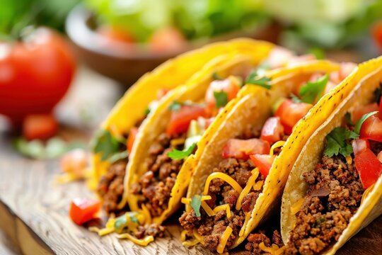 Delicious crunchy tacos filled with ground beef, cheese, tomatoes, and herbs are presented on a wooden board, creating a vibrant and appetizing scene