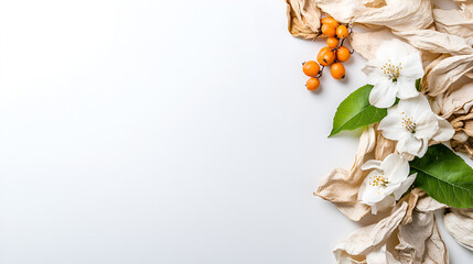 Still life composition featuring white blossoms, green leaves, dried petals, and orange berries arranged on a white surface.