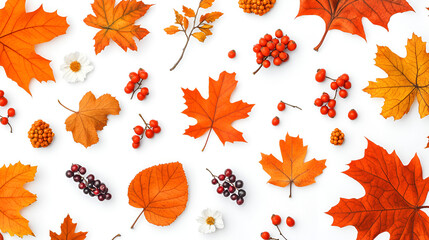 Autumnal arrangement of vibrant fall leaves, berries, and blossoms on a white background.