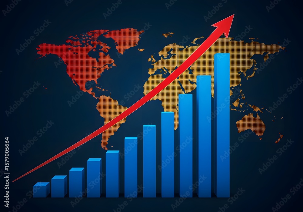 Poster blue bar graph with a red arrow pointing upwards against a world map background illustration