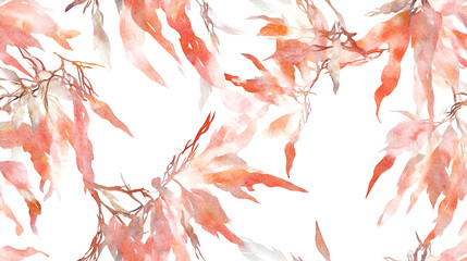 Watercolor botanical pattern of flowing, coral-toned leaves and branches on a white background.