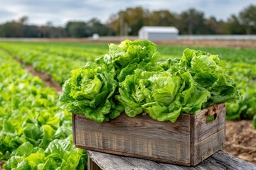 Freshly picked butter lettuce in wooden crate, on farm with lettuce field in background.