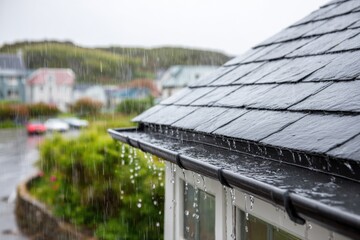Rainwater flows down a roof and gutter during a downpour, blurring the background with heavy rainfall.