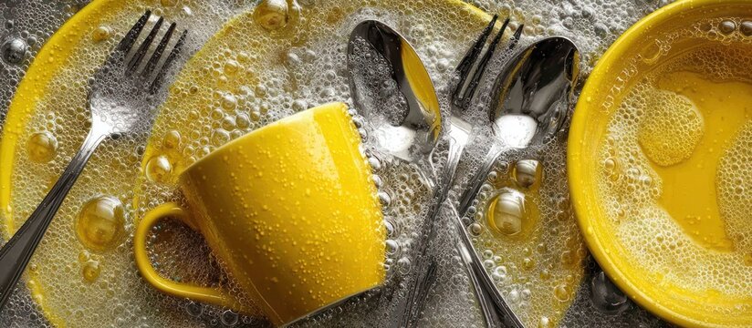 Yellow dishes and silverware soaking in soapy water