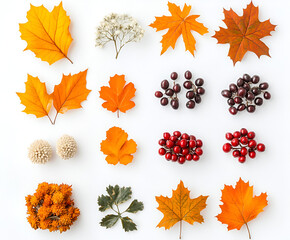 Various autumn leaves, berries, and flowers arranged on a bright white background, top view.
