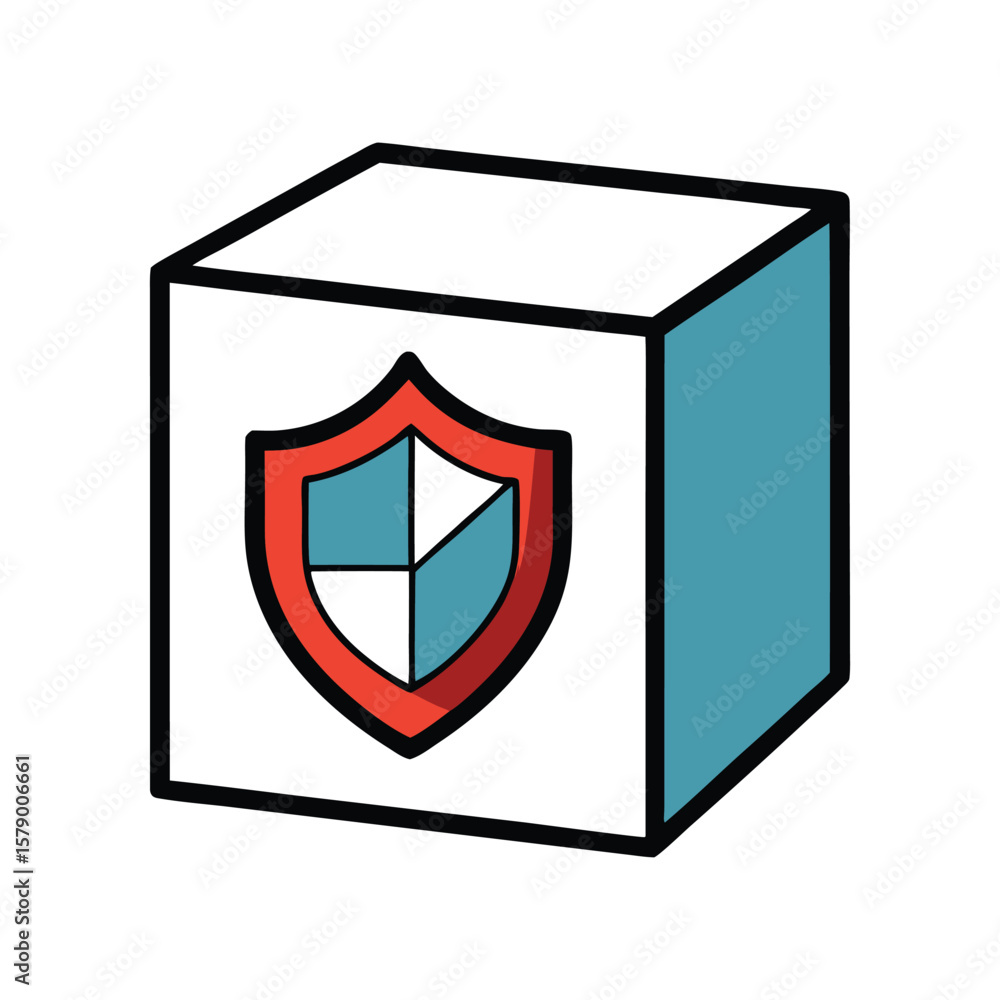 Poster vector art of a cube with a shield symbol isolated on white background