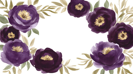 Dark purple floral border with peonies and leaves, elegant watercolor design.