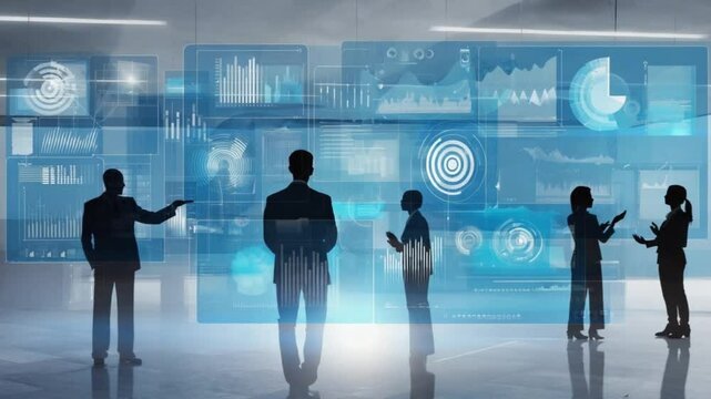 silhouette of business team collaborating and analyzing data, exploring business intelligence solutions and visual analytics for strategic decision making in a modern office - Powered by Adobe