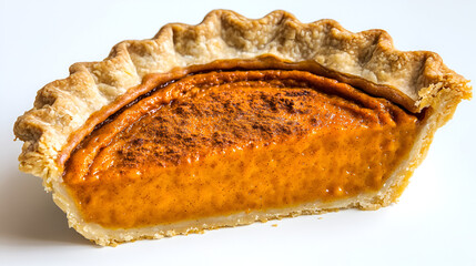 A close-up view of a half-eaten slice of a delicious pumpkin pie, showing the filling.
