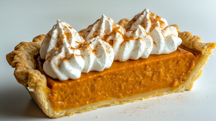 A slice of pumpkin pie with a golden crust is topped with swirls of whipped cream and a dusting of cinnamon.