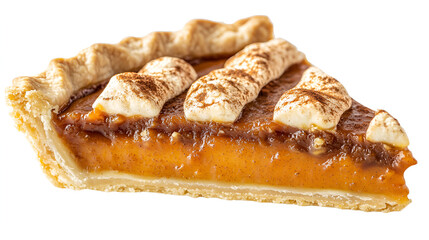 Close-up of a slice of pumpkin pie, topped with whipped cream and cinnamon.