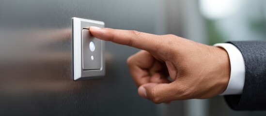 Close-up of a hand pressing an elevator button