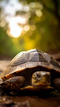 Eye-level shot of a turtle sitting in the mud on a bright sunny day, focus on the animal and shallow depth of field.