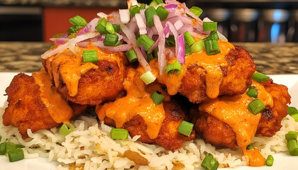 Delicious Indian Butter Chicken dish served with rice, onions, and herbs.