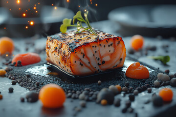 Gourmet grilled fish dish, artistically arranged on a dark slate plate, with vibrant orange accents and garnishes.