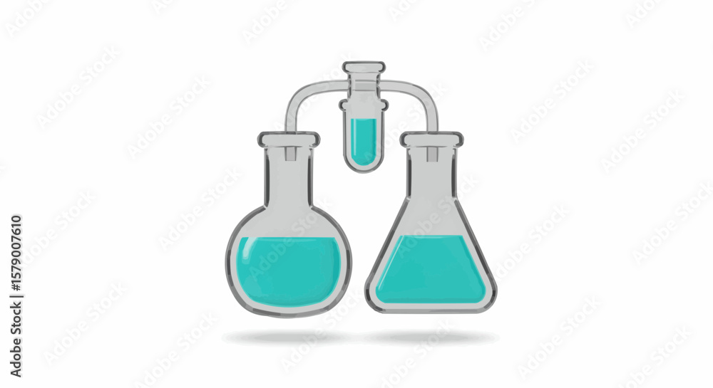 Poster illustration of laboratory glassware connected with liquid in a science experiment setup on white ba